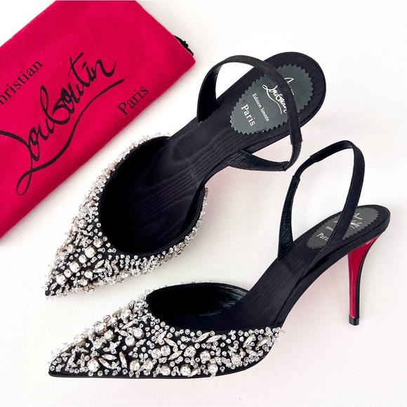 CHRISTIAN LOUBOUTIN | Queenissima Black Silk Crystal Embellished SlingBack Pumps - Picture 1 of 12